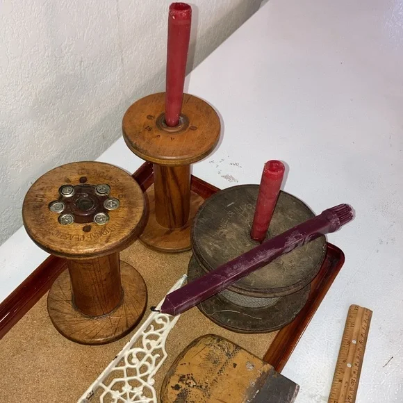 Lot/5 Architectural Wood & Metal Tools Spools & Wire Spool W/Wire & Wall Bracket